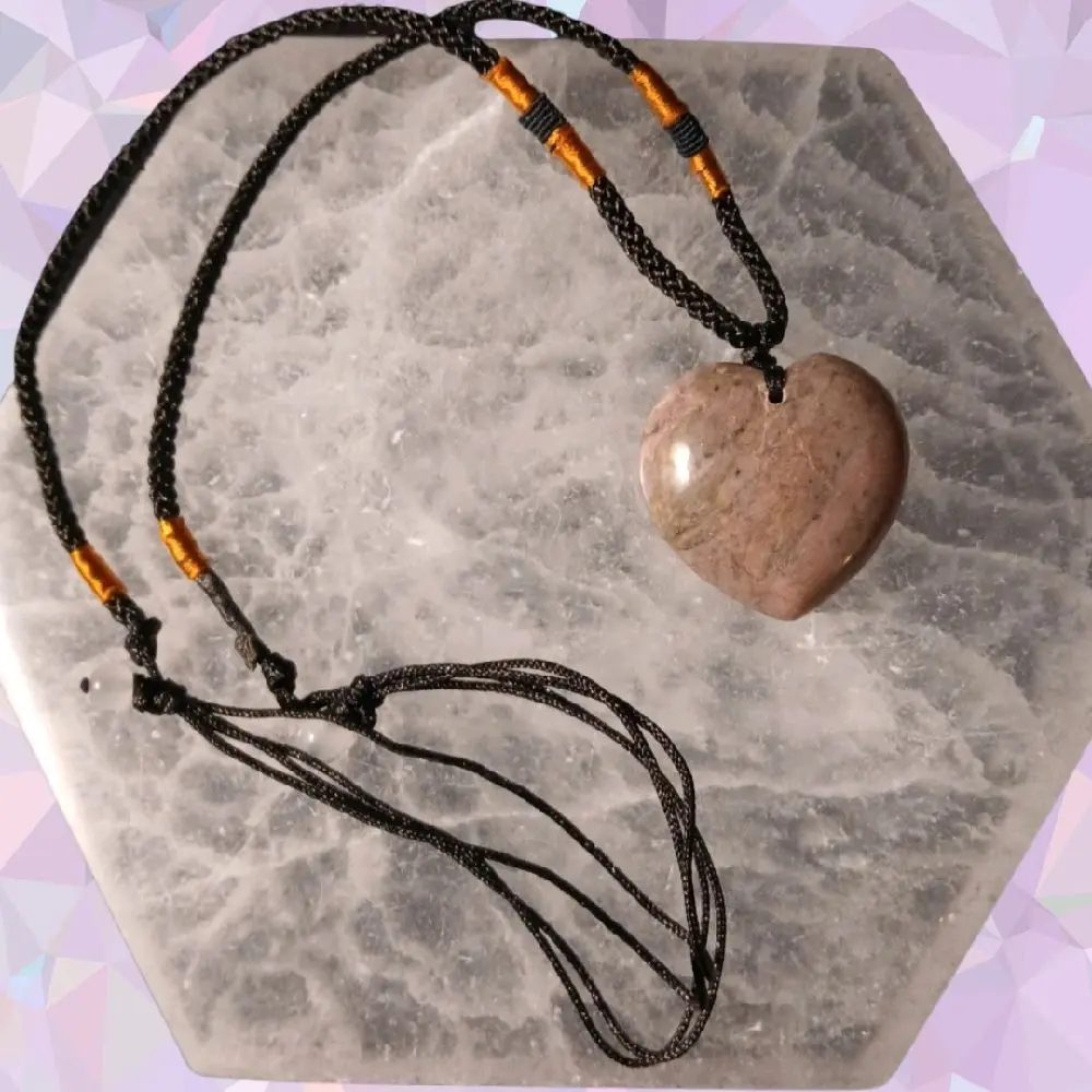 Rhodonite Heart Pendant Necklace with Adjustable Black Cord