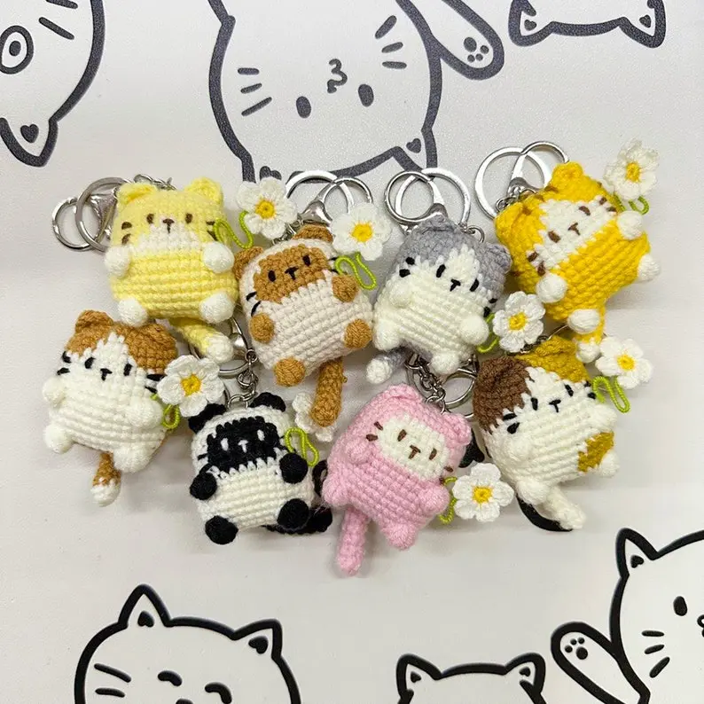 Crochet Cute Cat Daisy Keychain, Handmade Mini Crochet Amigurumi Cat With Daisy Keychain, Cute Keyring, Crochet Cat, Cute Gift (Handmade goods will be made by hand so the production time will be a little longer)