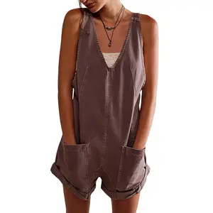CHARTOU Women's Summer Deep V Casual Denim Overalls Rolled-up Shorts Adjustable Jumpsuit