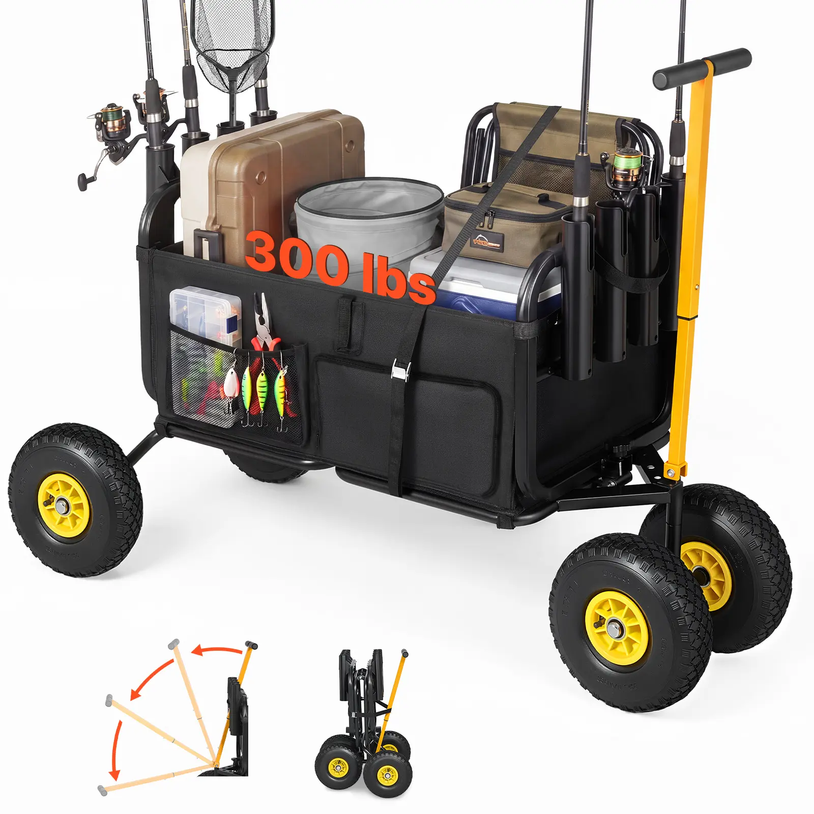 【SummerFinds】VEVOR Heavy-Duty Folding Beach Fishing Wagon Trolley, 300 lbs Load Capacity, Carbon Steel Frame, 11-Inch All-Terrain Tires, 8 Rod Holders, Strap, Rolling Collapsible Foldable Design, Easy to Clean for Outdoor Camping, Fathers Day Gift, Carry,