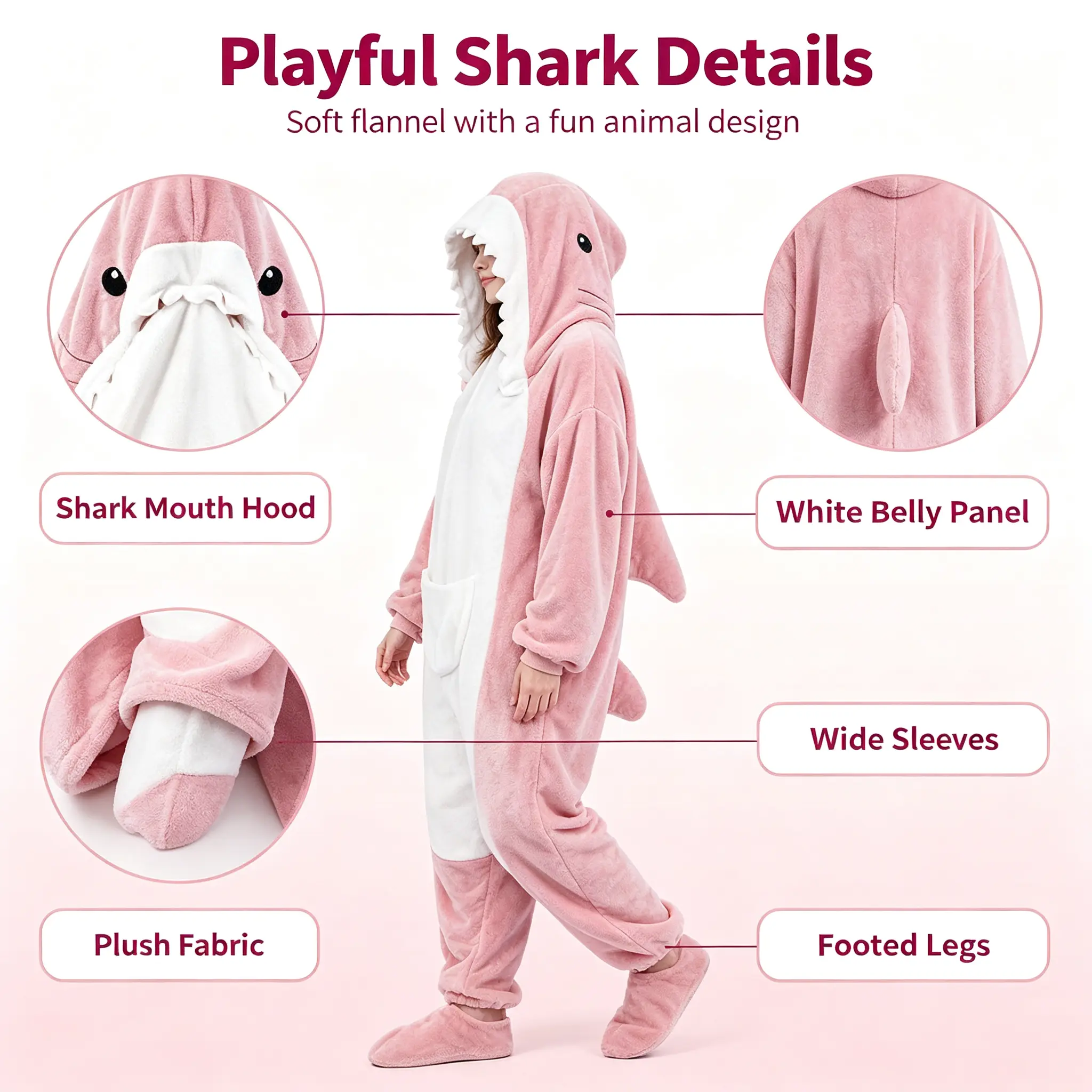Unisex Adult Shark Plush Onesie - Thick Flannel Full-Body Hooded Jumpsuit, Warm Outdoor Sports Loungewear for Camping, Halloween Cosplay