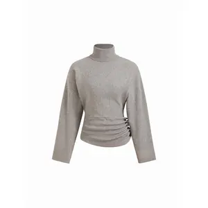 Cider Knit Turtleneck Long Sleeve Button Side Ruched Cinched Waist Top