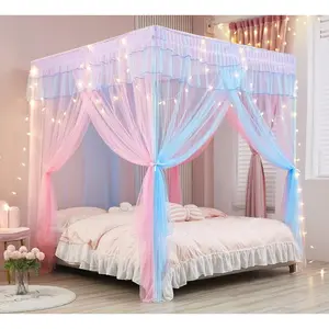 Rainbow Canopy Bed Curtains with Lights-Princess Bed Canopy for Girls-Bed Drapes Netting-Bedroom Decoration Accessories,Twin
