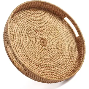 Round Rattan Serving Tray Decorative Woven Ottoman Trays with Handles for Coffee Table  (Small 11.8 inch x 2 inch)