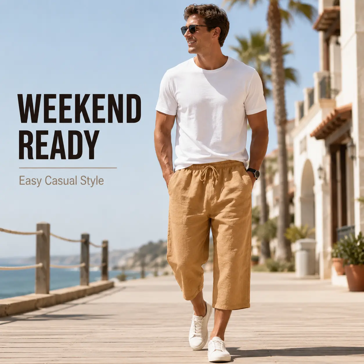 Men’s Linen-Style Cropped Pants, Lightweight Relaxed Wide-Leg Capri Trousers with Drawstring Elastic Waist and Pockets for Summer Casual Wear