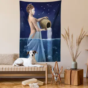 Astrology Tapestry, Aquarius Lady with Pail in the Sea Water Signs Saturn Mystry at Night Stars, Wall Hanging for Bedroom Living Room Dorm Decor, 60" X 80", Blue Dark Blue