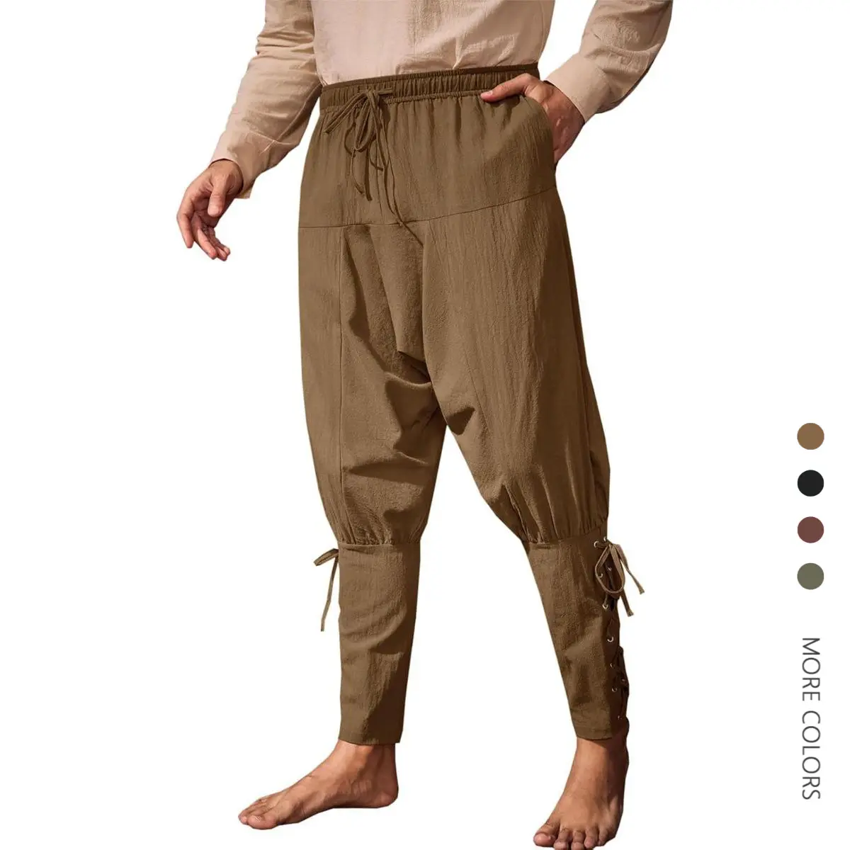 Danedvi Menswear Men's Plain All-Seasons Cotton Medieval Pants - Ankle-Banded Lace-Up, Button-Free Closure, Dance-Friendly Trousers for Renaissance, Viking Costumes