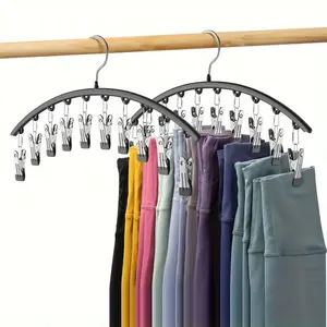 1pc Curved Shape Hanger, Metal Yoga Pants Hangers, Organizer for Closet, Pants Hanger with 10 Clothespins, Holds 10 Leggings, Space Saving Hanging Hangers, Dorm and Bedroom Wardrobe Organizer Storage Hanger, Clothes Hanger Organizers