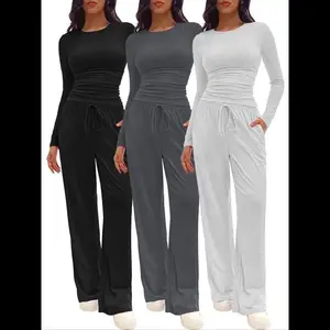 Two-piece Set Women's Solid Ruched Tee & Drawstring Pocket Pants Pajamas Set, Casual Long Sleeve T-shirt & Elastic Waist Trousers, Ladies Sleepwear  Loungewear for All Seasons