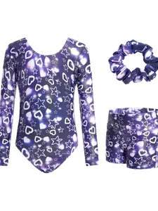 Gogokids Girl's Long Sleeve Bodysuit & Scrunchies & Shorts Set, Casual Athletic Set, Kids Sports Clothing for All Seasons