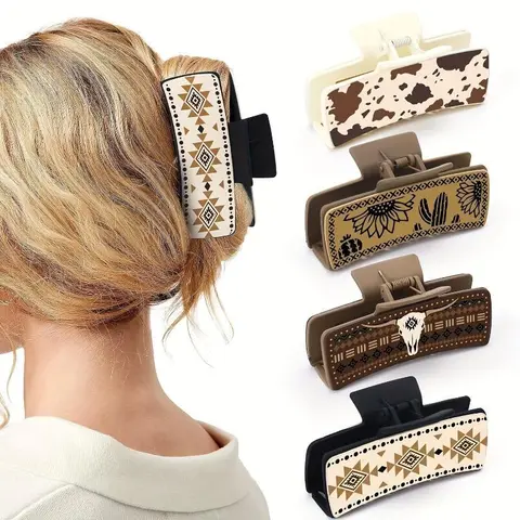 Women's 4pcs PU Leather Western Cowboy Oblong Claw Hair Clips - Elegant Minimalist, Cowboy Motif, Plant & Animal Designs, Gift-Ready for Commute, Christmas, Anniversary, Auspicious Occasions, Fits Any Hairstyle