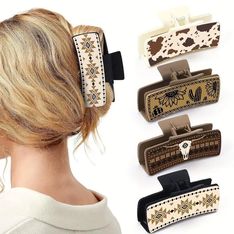 Women's 4pcs PU Leather Western Cowboy Oblong Claw Hair Clips - Elegant Minimalist, Cowboy Motif, Plant & Animal Designs, Gift-Ready for Commute, Christmas, Anniversary, Auspicious Occasions, Fits Any Hairstyle
