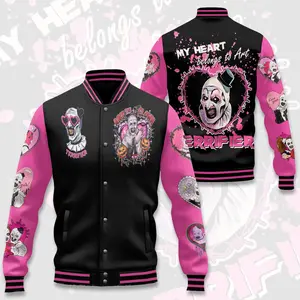 Cute Dark Clown Varsity Jacket, Pink Horror Bomber Mixing Creepy And Sweet Style, Alternative Streetwear Gift For Unique Fashion