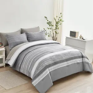 7 a Bag Stripe Comforter King Size, White Grey Patchwork Striped Comforter and Sheet, Microfiber Complete(Light Grey,King)