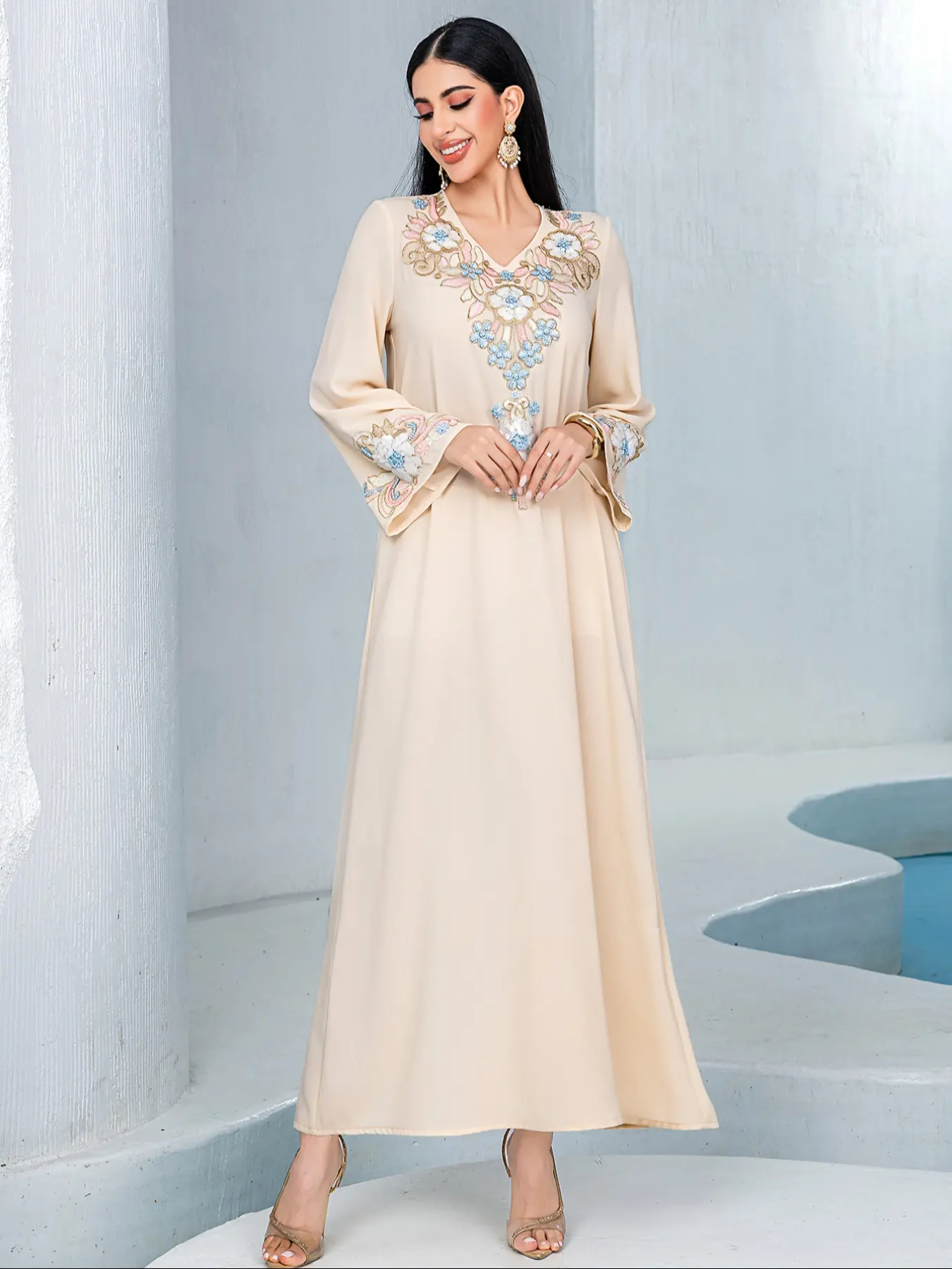 Women's Casual Chic Fashion Pearl Embroidery Fitted Long Sleeve Dress,  Hand-Stitched Floral Applique Design, Elegant Daily Wear, Perfect for  Spring & Fall, Womenswear - TikTok Shop