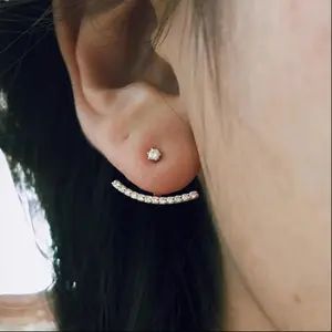 Crescent Moon Earrings • CZ Pave Front Back Earrings • Elegant Ear Jacket • 2mm Stone Earring Stud • Bar Earrings • Rose gold Line Earring