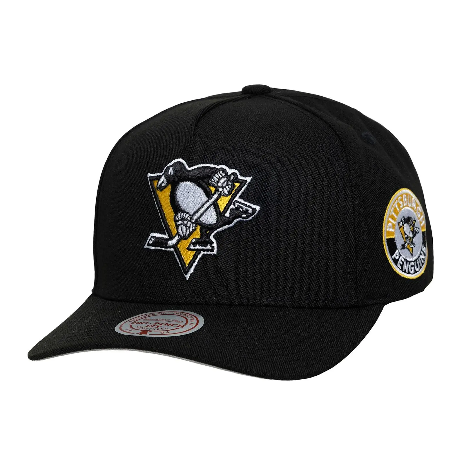 Pittsburgh Penguins Black Double Clutch Pro Pinch Snapback Hat NHL Throwback Cap Adjustable Fan Gear Mitchell & Ness