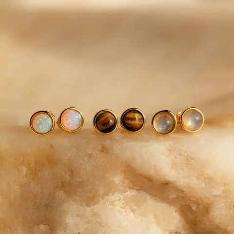 Manifest Gemstone Studs by Caitlyn Minimalist - Round Bezel Stud Earrings in Labradorite, Tiger's Eye, Jade, & White Opal - Boho Jewelry - Gift for Her