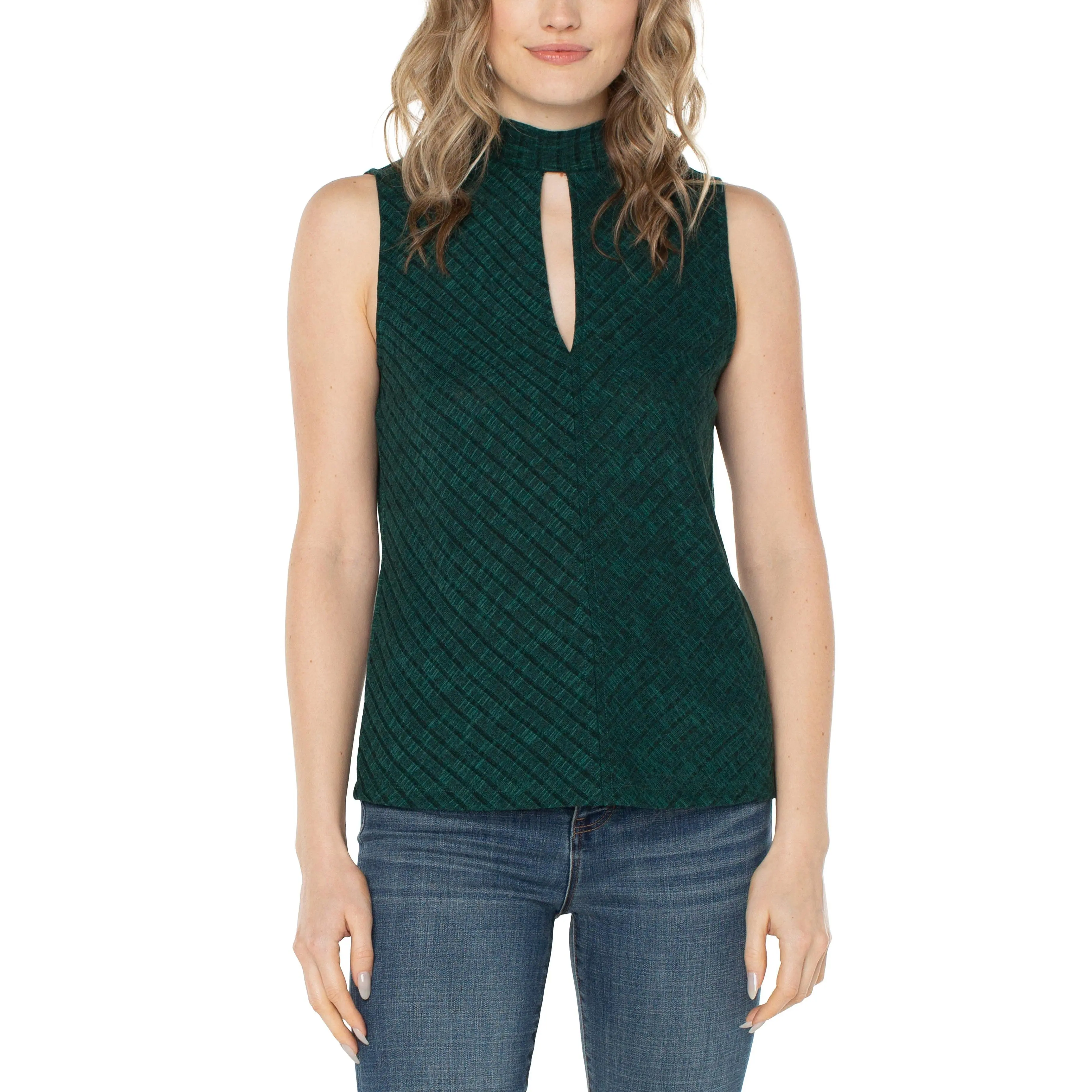 Liverpool Mock Neck Miter Sleeveless Knit Top In Emerald