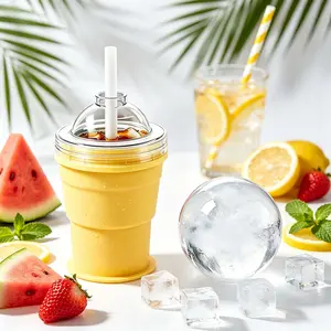 Iced Coffee Cup with Ice Mold 2-in-1 Collapsible Ice Ball Maker Cup with Straw & Leakproof Lid, Portable Silicone Ice Sphere Mold Tumbler, Large Round Whiskey Ice Ball Maker, Reusable Travel Ice Cup for Iced Coffee, Cocktails & Cold Drinks Mug Drinkware