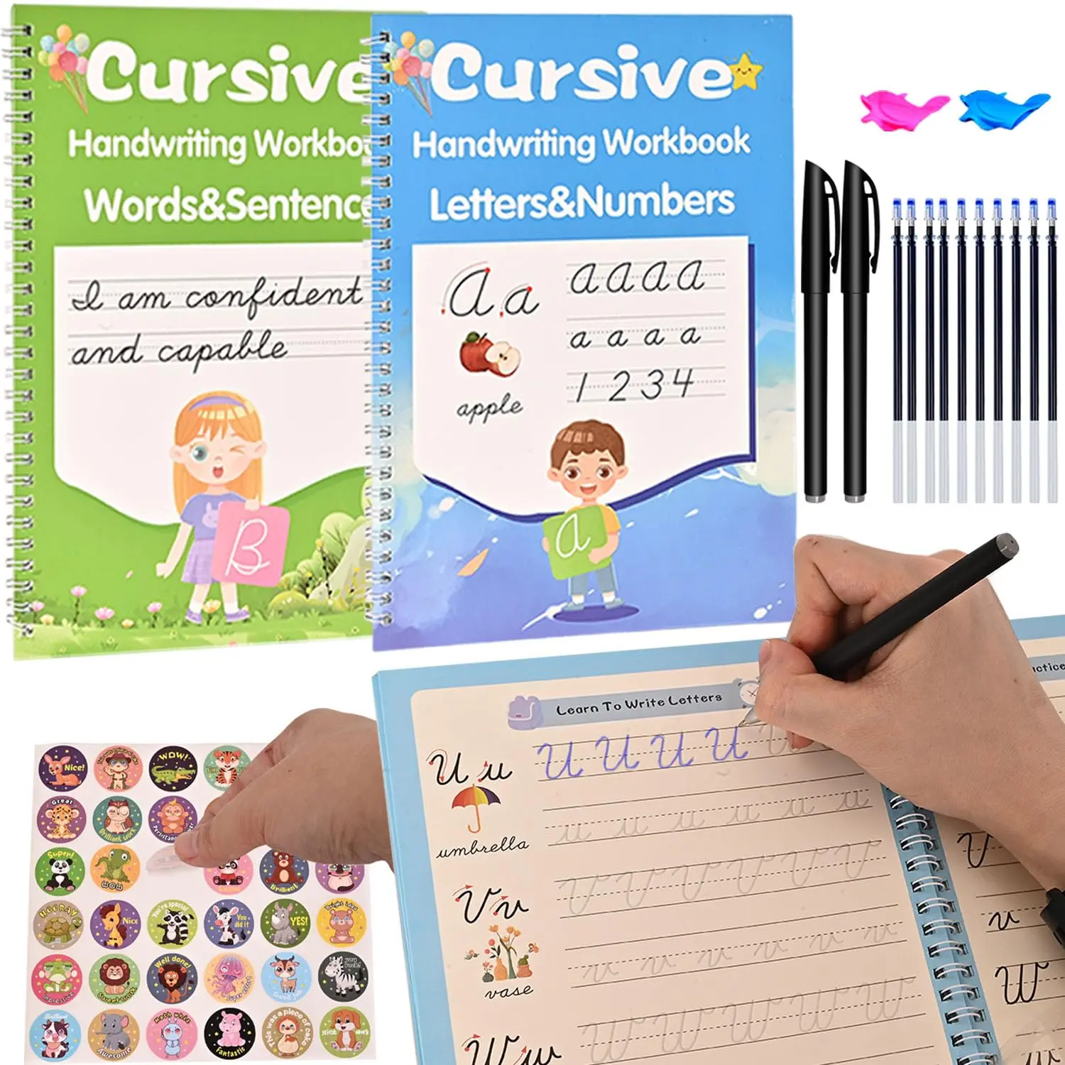 Magic Grooved Cursive Handwriting Workbook Kit, Grooved Writing Practice Cursive, for  and Beginners, Learn Cursive Handwriting with Letters,Words and Sentences