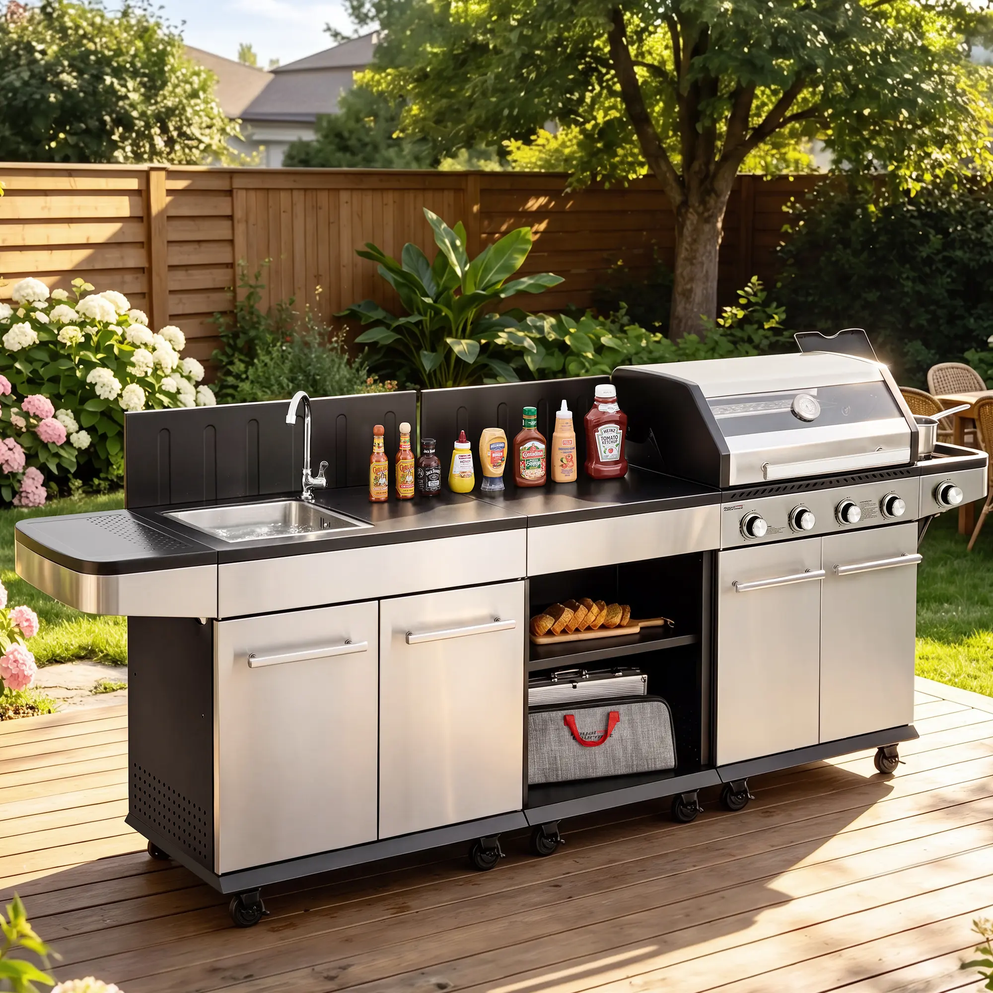 Royal Gourmet OK4005T 3-in-1 Combo Outdoor Kitchen Island with 4-Burner Gas Grill, Sink & Faucet, Side Burner, 49,000 BTU, 594 Sq. In. Cooking Area, Prep Station, Storage Cabinets & 12 Locking Casters, for Patio & Backyard BBQs equipment BBQ Grill