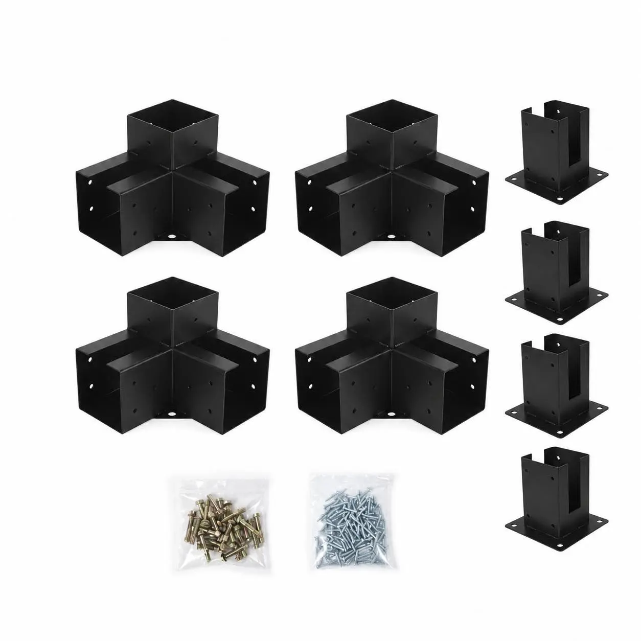 4x4 Pergola Bracket Kit with 4pcs 3-Way Right Angle Corner Bracket and 4pcs Base, Heavy Duty Powder-Coated for Gazebo Patio Backyard Garden Fits 3.7x3.7 Inch Wood