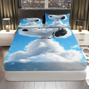 3Pcs Cloudy  Dog Fitted Sheet Three Piece Set (1*Fitted Sheet+2*Pillowcases, Coreless), Cozy theme, Soft Bedding Set, Mattress Protector Soft, Breathable