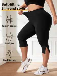Plus Size High Waist Tight-Fitting Pants, Split Cuff Design, High Stretch Seven-Quarter Pants, Soft Butter Fabric, Daily Commuter Wear, Athleisure Style Pants