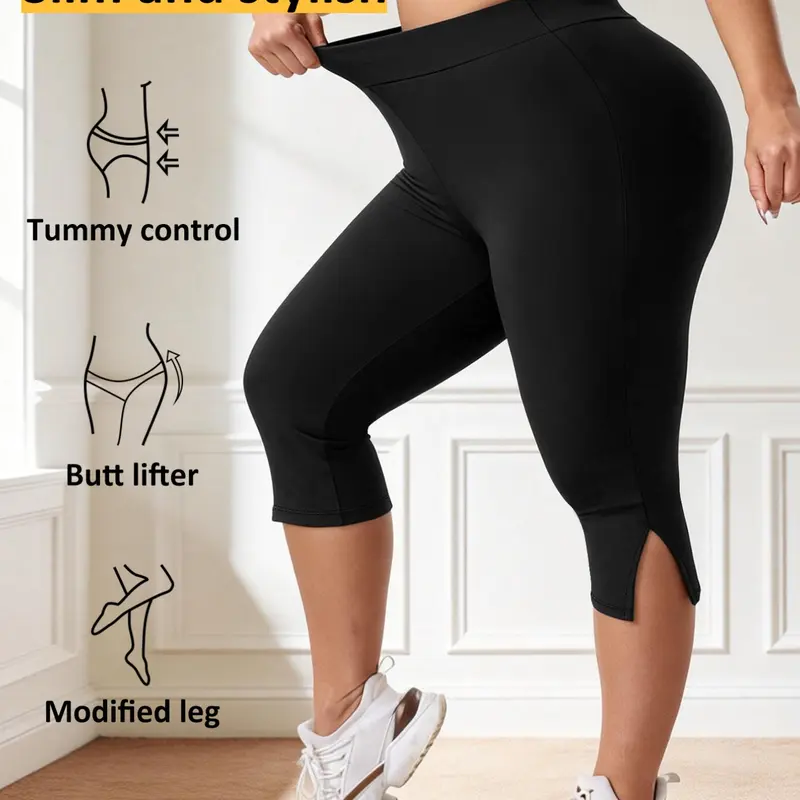 Plus Size High Waist Tight-Fitting Pants, Split Cuff Design, High Stretch Capri Pants Soft Fabric Daily Commuter Wear Legging, Stretchy Gym Legging