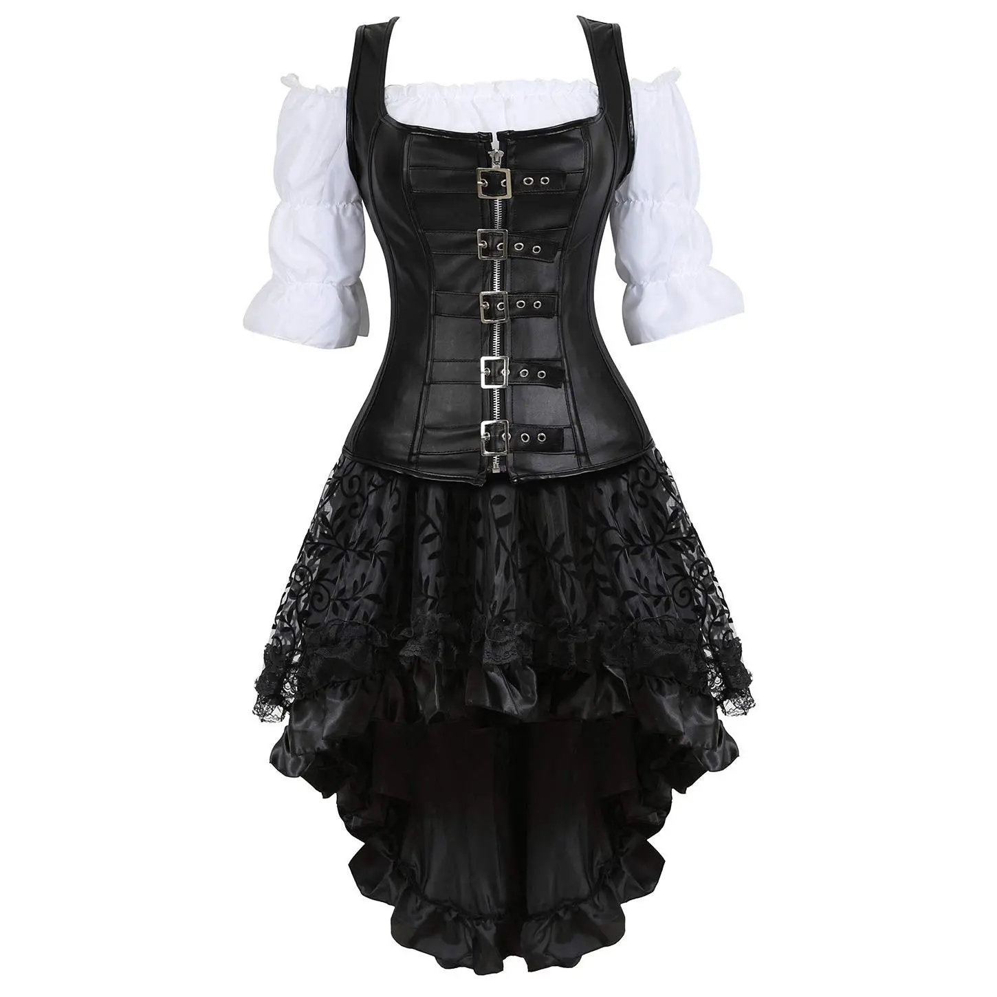 Milalee Steampunk Leather Corset Bustier Skirt Blouse Set 3 Piece Buckle Corset Outfits Women Suit Gothic Lace Black Zipper Clothes 8104/6505/7056
