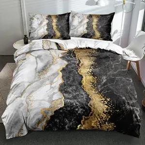 2/3pcs 3D Print Gilded Ink Marble Gold Vein Comforter Coveret Luxe Minimalist Motif Decorative Bedding Set Stone Gold Duvet Cover Set (Size 135x200 Only 1 Pillowcase)