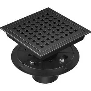 6-Inch Square Shower Drain with ABS Flange Base, Matte Black 304 Stainless Steel Floor Drain, Removable Grate and Hair Strainer for Modern Bathroom Remodels and Curbless Showers
