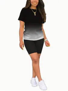 Plus Size Mixed Color Matching Two Piece Set,Athletic Casual Short Sleeve T-Shirt And Skinny Biker Shorts Set,Plus Size Women'S Clothing,Stylish And Trendy,Suitable For Summer And Casual Occasions,Athleisure Wear Elastic Waist Activewear