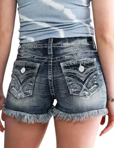 Mid Rise Embroidered Whisker Denim Shorts, Slim Fit Versatile Casual Style, Frayed Hem, Midrise Summer Shorts Fashion