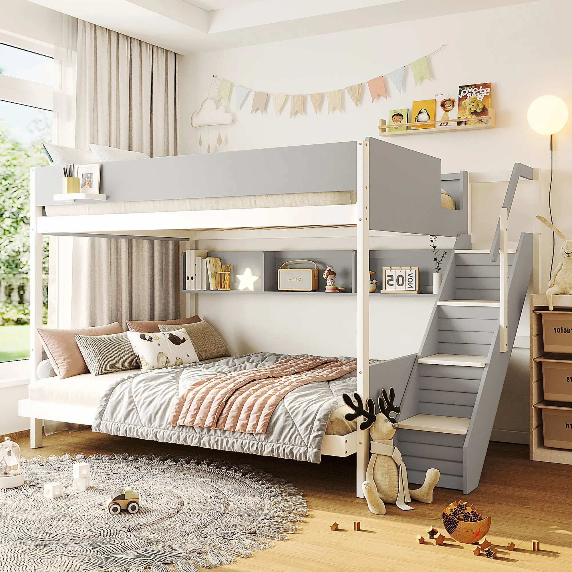 Bunk Bed for Kids: Twin over Full, Gray Finish, with Built-in LED Lighting, Storage Shelves, and Striped Staircase, Durable MDF, Pine, Plywood Construction