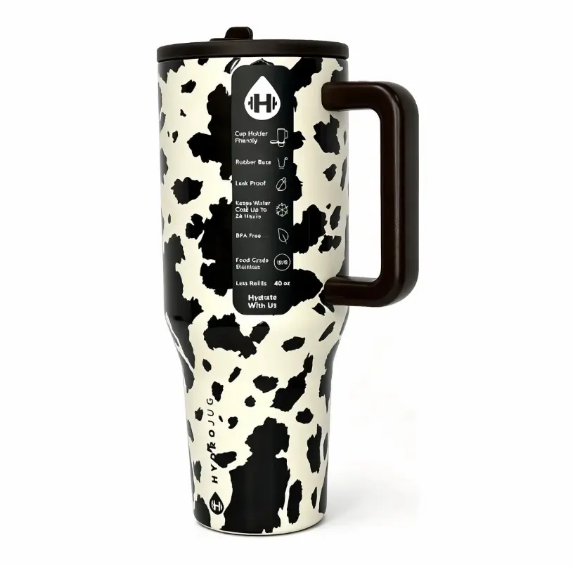 HydroJug 40 oz  traveler Trendy classic Cow print with Handle and Straw Tumbler Water Bottle  large capacity car cup,  Leakproof Insulated Tumbler  | Keeps Ice 24+ Hours | Cup Holder Friendly Base | Insulated Thermal Tumbler, Easy-Clean Durable Travel Mug