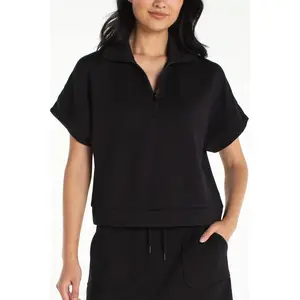 Half Zip Popover Top Black