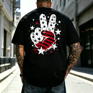 Men’s short-sleeve T-shirt with double-sided print, American Independence peace gesture design; “AMERICA” distressed star-and-letter pattern on front chest; loose oversized fit, heavyweight crew neck; patriotic summer casual menswear.