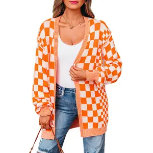 Znacicc Women's Casual Orange Checkered Open Front Drop Shoulder  Winteroutfit Cardigan with Long Sleeves and Checkerboard Pattern