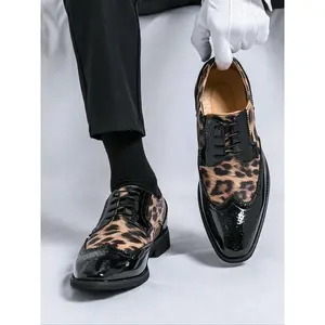 Men's Fashionable Leopard Print Patched Design Dress Shoes, Casual Lace Up Pointed Toe Shoes for Party, Business Formal Shoes for Men