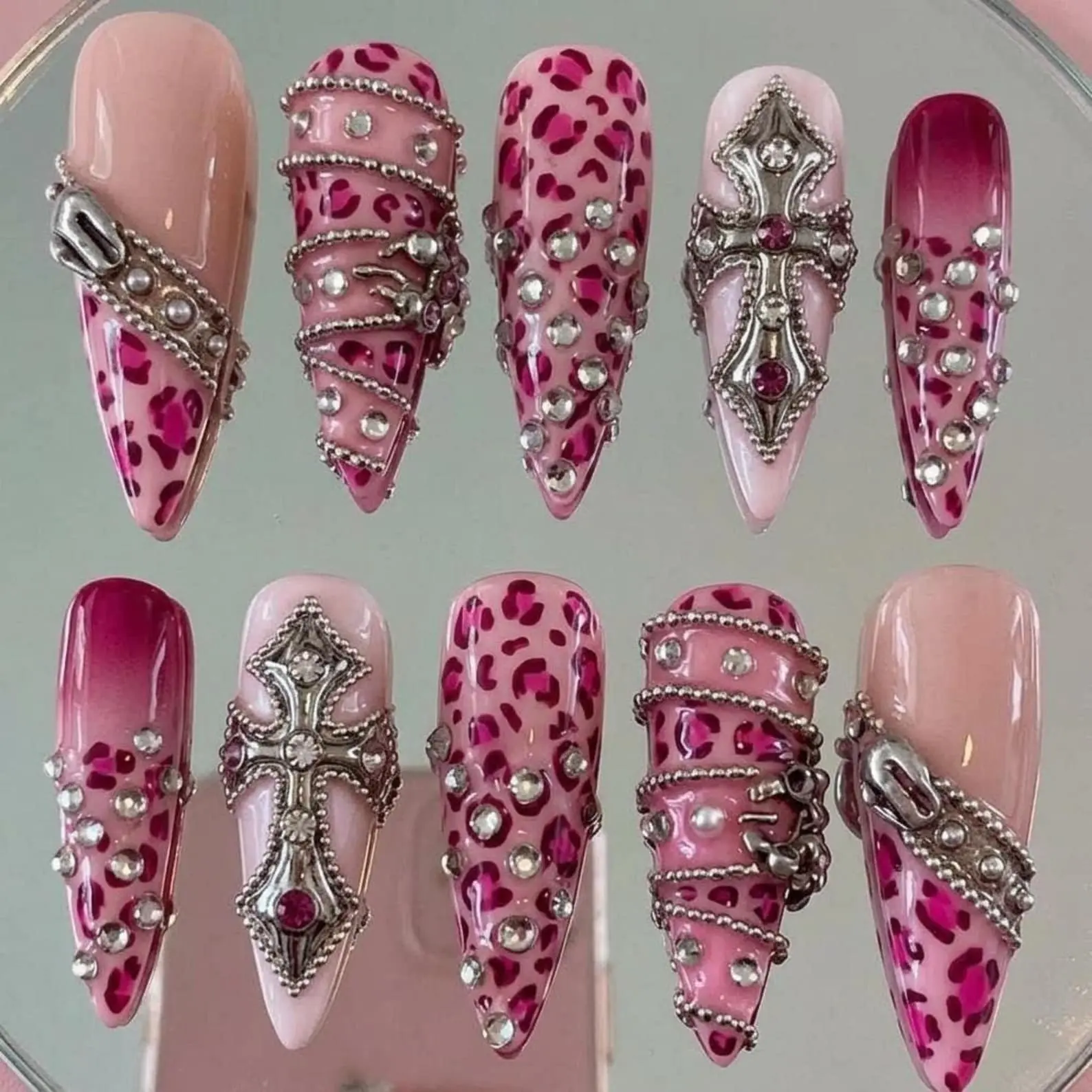 Hot Pink Cheetah Y2K Press On Nails | Almond, Coffin, Square, Oval & Stiletto | Gothic Cross & Silver Chain Nail Art | Handmade Luxury Fake Nails | Reusable Glue On Manicure for Party & Everyday Wear