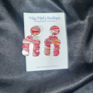 handmade red, orange and white arch shaped polymer clay earrings with hypoallergenic metals