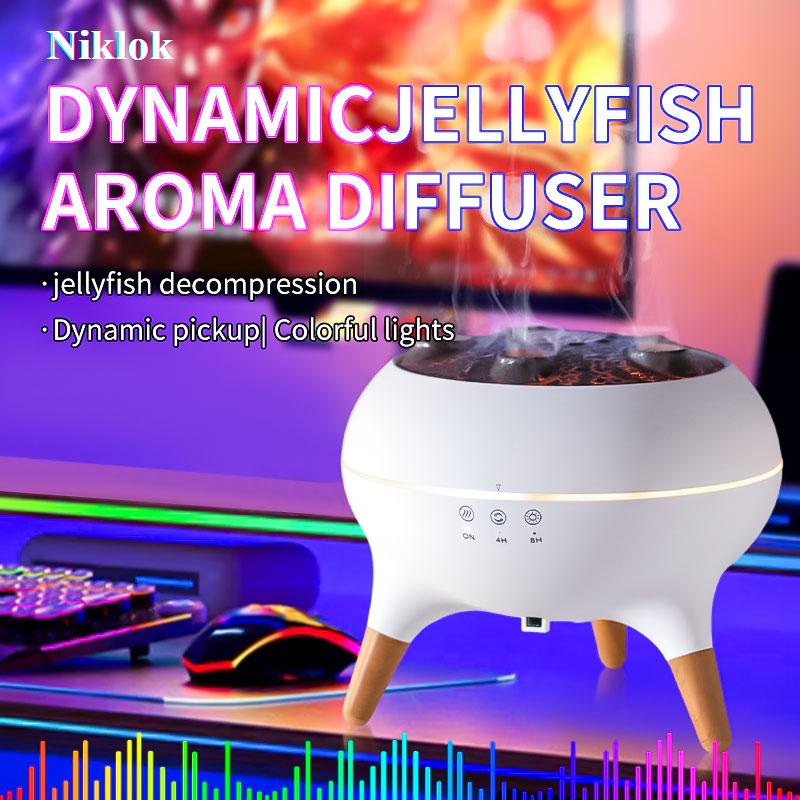 Niklok Dynamic Jellyfish Aroma Diffuser 250ML Ultrasonic Aromatherapy with 7-Color Lights & Remote Control for Home Bedroom Office Hotel White