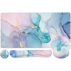 4-in-1 Gaming Mouse Pad Wrist Support Set, Desk Pad + Mouse Pad with Wrist Rest + Keyboard Wrist Rest + Coaster, Ergonomic Design for Home Office Study Game - Blue Marble