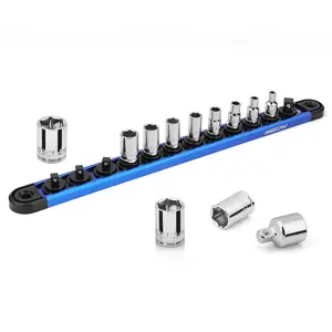 1/4" Drive 6-Point Shallow Socket Set: 12-Piece Metric Socket Set 4mm-14mm on Magnetic Organizer Rail Rack Premium 6-Point Shallow Socket Assortment Includes 3/8-Inch to 1/4-Inch Adapter(Blue)