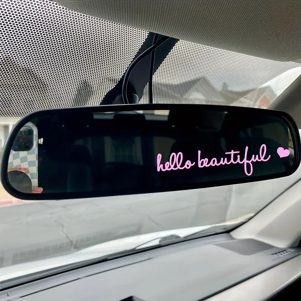 "Hello Beautiful" Vinyl Car Mirror Sticker - Reflective Rearview Mirror Sticker for Exterior Accessories, Vanity Mirrors, Decorations, Girly Car Accessories, Universal Car Sticker, Car Mirror Decal, Car Decals
