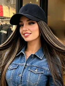 18inches Fake Hair Baseball Cap Wig Women's European Style Medium Long Straight Bobo Head Lockbone Length Daily Wear Synthetic Full Wig Soft Smooth Breathable Cap Comfortable Fit Easy to Style Perfect for Daily Outings and Casual Fashion