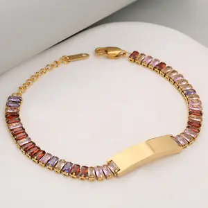 Custom baguette crystal bracelet, personalized engraved bar bracelet for women, customizable colorful gemstone chain bracelet—ideal gift for family and friends