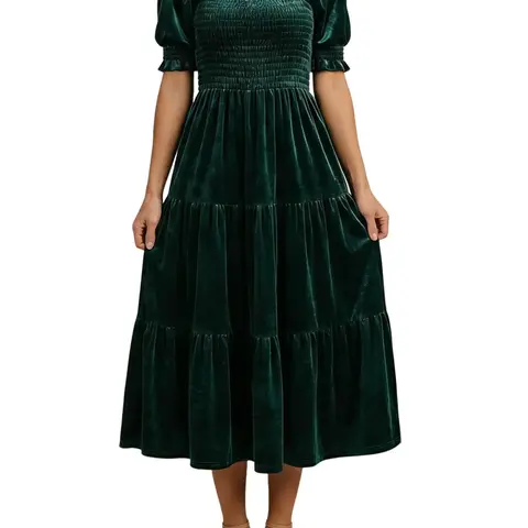Women's Stretchy Velvet Below-the-Knee Dresses - Puff Short Sleeves, Square Neck, A-Type, Belly-Friendly, Fuller Bust, Plus Size, Minimalist, Elegant, Casual Wear, Expectant Mothers' Attire